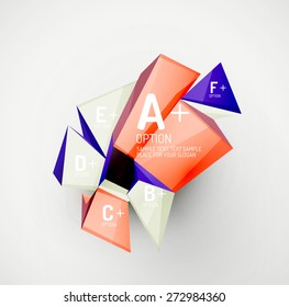 3d geometric shapes with sample text. Abstract template with place for text or infographic options. Triangles, squares, cubes, rectangles in glossy style. Vector illustration.