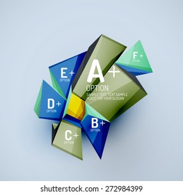 3d geometric shapes with sample text. Abstract template with place for text or infographic options. Triangles, squares, cubes, rectangles in glossy style. Vector illustration.