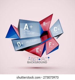 3d geometric shapes with sample text. Abstract template with place for text or infographic options. Triangles, squares, cubes, rectangles in glossy style. Vector illustration.