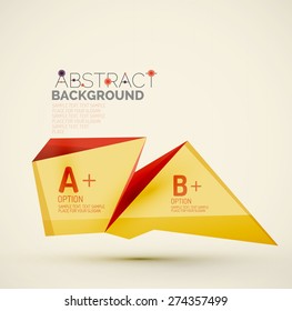 3d geometric shapes with sample text. Abstract template with place for text or infographic options. Triangles, squares, cubes, rectangles in glossy style. Vector illustration.