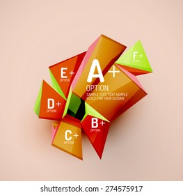 3d geometric shapes with sample text. Abstract template with place for text or infographic options. Triangles, squares, cubes, rectangles in glossy style. Vector illustration.