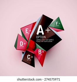 3d geometric shapes with sample text. Abstract template with place for text or infographic options. Triangles, squares, cubes, rectangles in glossy style. Vector illustration.