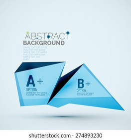3d geometric shapes with sample text. Abstract template with place for text or infographic options. Triangles, squares, cubes, rectangles in glossy style. Vector illustration.