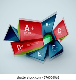 3d geometric shapes with sample text. Abstract template with place for text or infographic options. Triangles, squares, cubes, rectangles in glossy style. Vector illustration.