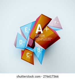 3d geometric shapes with sample text. Abstract template with place for text or infographic options. Triangles, squares, cubes, rectangles in glossy style. Vector illustration.