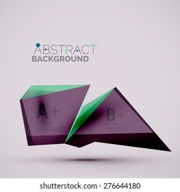 3d geometric shapes with sample text. Abstract template with place for text or infographic options. Triangles, squares, cubes, rectangles in glossy style. Vector illustration.