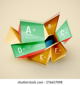 3d geometric shapes with sample text. Abstract template with place for text or infographic options. Triangles, squares, cubes, rectangles in glossy style. Vector illustration.