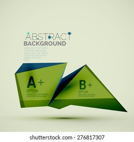 3d geometric shapes with sample text. Abstract template with place for text or infographic options. Triangles, squares, cubes, rectangles in glossy style. Vector illustration.