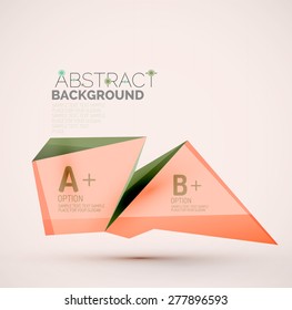 3d geometric shapes with sample text. Abstract template with place for text or infographic options. Triangles, squares, cubes, rectangles in glossy style. Vector illustration.