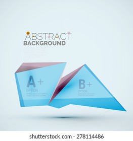 3d geometric shapes with sample text. Abstract template with place for text or infographic options. Triangles, squares, cubes, rectangles in glossy style. Vector illustration.