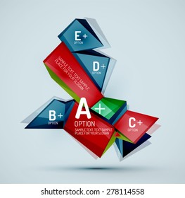 3d geometric shapes with sample text. Abstract template with place for text or infographic options. Triangles, squares, cubes, rectangles in glossy style. Vector illustration.