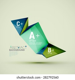 3d geometric shapes with sample text. Abstract template with place for text or infographic options. Triangles, squares, cubes, rectangles in glossy style. Vector illustration.