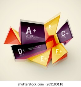3d geometric shapes with sample text. Abstract template with place for text or infographic options. Triangles, squares, cubes, rectangles in glossy style. Vector illustration.