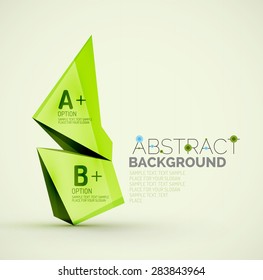 3d geometric shapes with sample text. Abstract template with place for text or infographic options. Triangles, squares, cubes, rectangles in glossy style. Vector illustration.