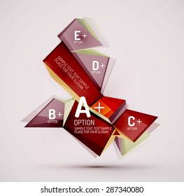 3d formas geométricas con texto de ejemplo. Plantilla abstracta con lugar para opciones de texto o infografía. Triángulos, cuadrados, cubos, rectángulos en un estilo brillante. Ilustración vectorial.