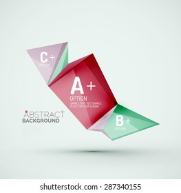 3d geometric shapes with sample text. Abstract template with place for text or infographic options. Triangles, squares, cubes, rectangles in glossy style. Vector illustration.