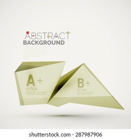 3d geometric shapes with sample text. Abstract template with place for text or infographic options. Triangles, squares, cubes, rectangles in glossy style. Vector illustration.