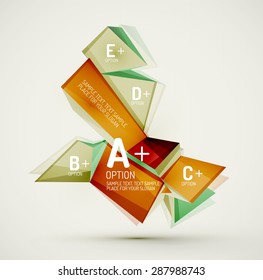 3d geometric shapes with sample text. Abstract template with place for text or infographic options. Triangles, squares, cubes, rectangles in glossy style. Vector illustration.