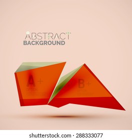 3d geometric shapes with sample text. Abstract template with place for text or infographic options. Triangles, squares, cubes, rectangles in glossy style. Vector illustration.