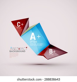 3d geometric shapes with sample text. Abstract template with place for text or infographic options. Triangles, squares, cubes, rectangles in glossy style. Vector illustration.