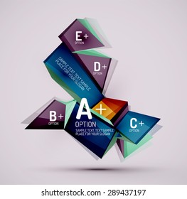3d geometric shapes with sample text. Abstract template with place for text or infographic options. Triangles, squares, cubes, rectangles in glossy style. Vector illustration.