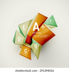 3d geometric shapes with sample text. Abstract template with place for text or infographic options. Triangles, squares, cubes, rectangles in glossy style. Vector illustration.