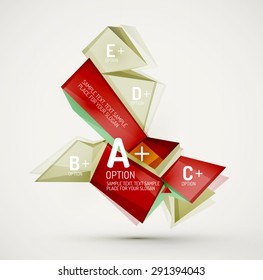 3d geometric shapes with sample text. Abstract template with place for text or infographic options. Triangles, squares, cubes, rectangles in glossy style. Vector illustration.
