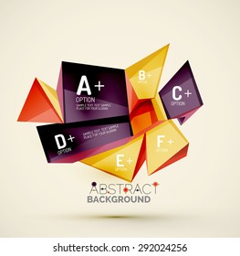 3d geometric shapes with sample text. Abstract template with place for text or infographic options. Triangles, squares, cubes, rectangles in glossy style. Vector illustration.