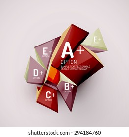3d geometric shapes with sample text. Abstract template with place for text or infographic options. Triangles, squares, cubes, rectangles in glossy style. Vector illustration.