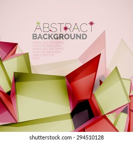 3d geometric shapes with sample text. Abstract template with place for text or infographic options. Triangles, squares, cubes, rectangles in glossy style. Vector illustration.