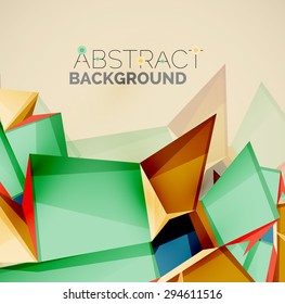 3d geometric shapes with sample text. Abstract template with place for text or infographic options. Triangles, squares, cubes, rectangles in glossy style. Vector illustration.