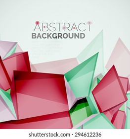 3d geometric shapes with sample text. Abstract template with place for text or infographic options. Triangles, squares, cubes, rectangles in glossy style. Vector illustration.