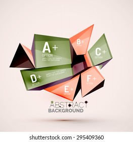 3d geometric shapes with sample text. Abstract template with place for text or infographic options. Triangles, squares, cubes, rectangles in glossy style. Vector illustration.