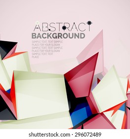 3d geometric shapes with sample text. Abstract template with place for text or infographic options. Triangles, squares, cubes, rectangles in glossy style. Vector illustration.