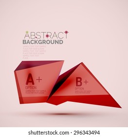 3d geometric shapes with sample text. Abstract template with place for text or infographic options. Triangles, squares, cubes, rectangles in glossy style. Vector illustration.