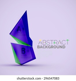 3d geometric shapes with sample text. Abstract template with place for text or infographic options. Triangles, squares, cubes, rectangles in glossy style. Vector illustration.