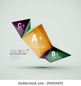 3d geometric shapes with sample text. Abstract template with place for text or infographic options. Triangles, squares, cubes, rectangles in glossy style. Vector illustration.