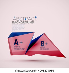3d geometric shapes with sample text. Abstract template with place for text or infographic options. Triangles, squares, cubes, rectangles in glossy style. Vector illustration.