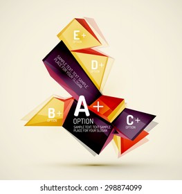 3d geometric shapes with sample text. Abstract template with place for text or infographic options. Triangles, squares, cubes, rectangles in glossy style. Vector illustration.