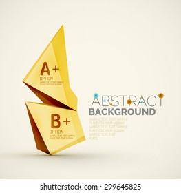 3d geometric shapes with sample text. Abstract template with place for text or infographic options. Triangles, squares, cubes, rectangles in glossy style. Vector illustration.