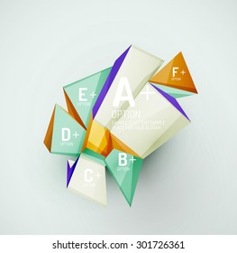3d geometric shapes with sample text. Abstract template with place for text or infographic options. Triangles, squares, cubes, rectangles in glossy style. Vector illustration.