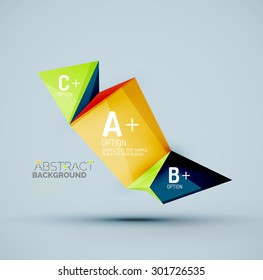 3d geometric shapes with sample text. Abstract template with place for text or infographic options. Triangles, squares, cubes, rectangles in glossy style. Vector illustration.