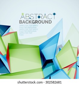 3d geometric shapes with sample text. Abstract template with place for text or infographic options. Triangles, squares, cubes, rectangles in glossy style. Vector illustration.