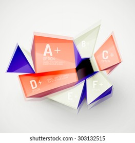 3d geometric shapes with sample text. Abstract template with place for text or infographic options. Triangles, squares, cubes, rectangles in glossy style. Vector illustration.