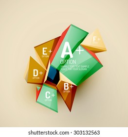3d geometric shapes with sample text. Abstract template with place for text or infographic options. Triangles, squares, cubes, rectangles in glossy style. Vector illustration.
