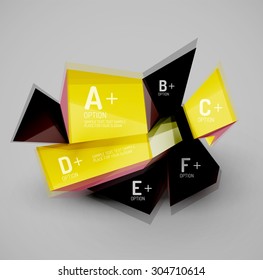 3d geometric shapes with sample text. Abstract template with place for text or infographic options. Triangles, squares, cubes, rectangles in glossy style. Vector illustration.