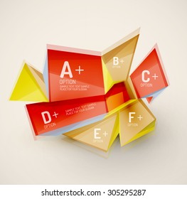 3d geometric shapes with sample text. Abstract template with place for text or infographic options. Triangles, squares, cubes, rectangles in glossy style. Vector illustration.