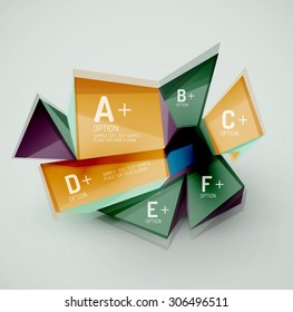 3d geometric shapes with sample text. Abstract template with place for text or infographic options. Triangles, squares, cubes, rectangles in glossy style. Vector illustration.