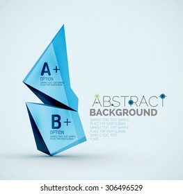 3d geometric shapes with sample text. Abstract template with place for text or infographic options. Triangles, squares, cubes, rectangles in glossy style. Vector illustration.