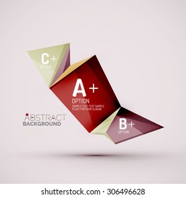 3d geometric shapes with sample text. Abstract template with place for text or infographic options. Triangles, squares, cubes, rectangles in glossy style. Vector illustration.